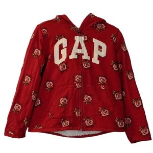 Gap faux fur girls hoodie size 5, red with roses and logo zip up